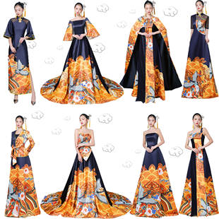 祥云告瑞黑色华服国风民乐商演走秀舞台T台中老年旗袍年会演出服