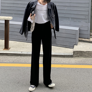 女 胖妹妹宽松金丝绒垂感直筒拖地裤 大码 春秋高腰坠感阔腿丝绒长裤