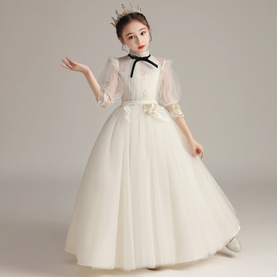 女童表演服主持人公主裙仙气儿童礼服白色婚礼小女孩中袖 演出服女