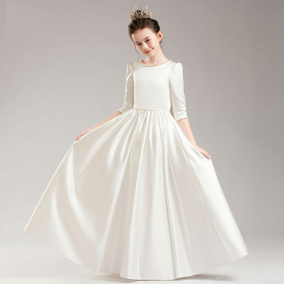 女童缎面白色晚礼服长款