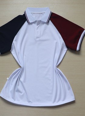 夏季白短袖左酒红右藏蓝插肩袖棉质POLO衫学生校服男女通用可定制