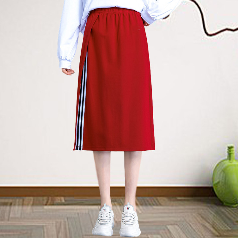 红色半身裙女秋冬新款高腰侧开叉松紧直筒裙中长款a字裙洋ins裙子