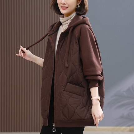 连帽拼接开衫卫衣女2024年秋冬新款加绒加厚夹棉中年妈妈洋气外套