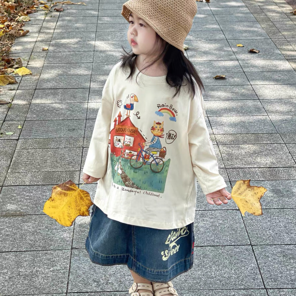 女童打底印花t恤2025春秋新款圆领长袖撞色卡通女宝宝宽松上衣潮