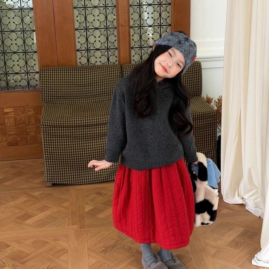 韩版甜美女童半身长裙春秋夹棉拜年服红色百搭花苞裙宽松中长裙潮