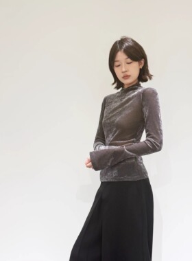 LION&CAT时髦秋冬高级感内搭灰色丝绒网纱打底衫上衣