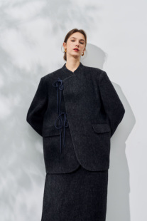 LION&CAT复古新中式 国风系带羊绒立领外套半身裙套装