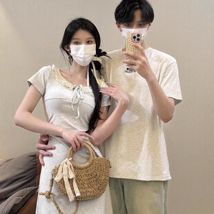小众设计感情侣装法式显瘦中长裙夏季2025韩版短袖t恤女连衣裙潮