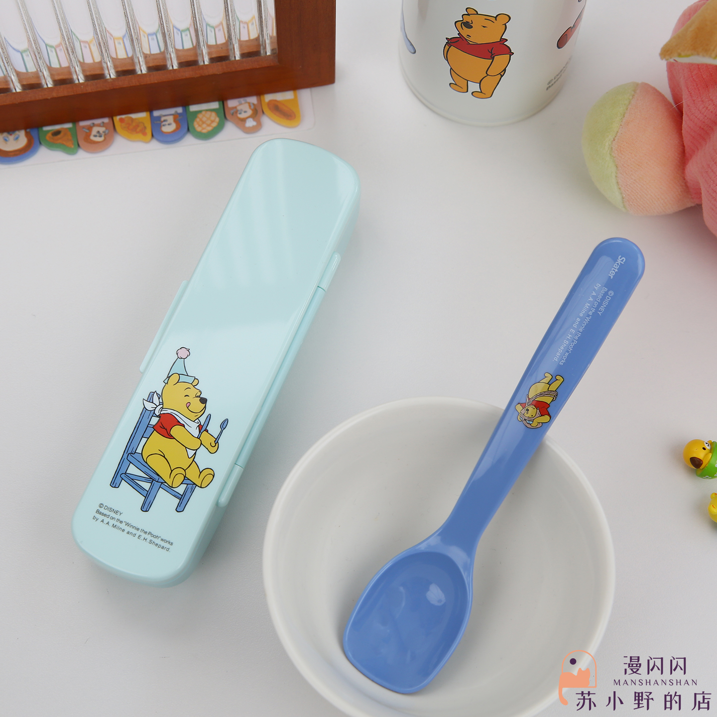 日本制Skater迪士尼维尼POOH小熊儿童便携盒外出餐具套带饭勺汤勺
