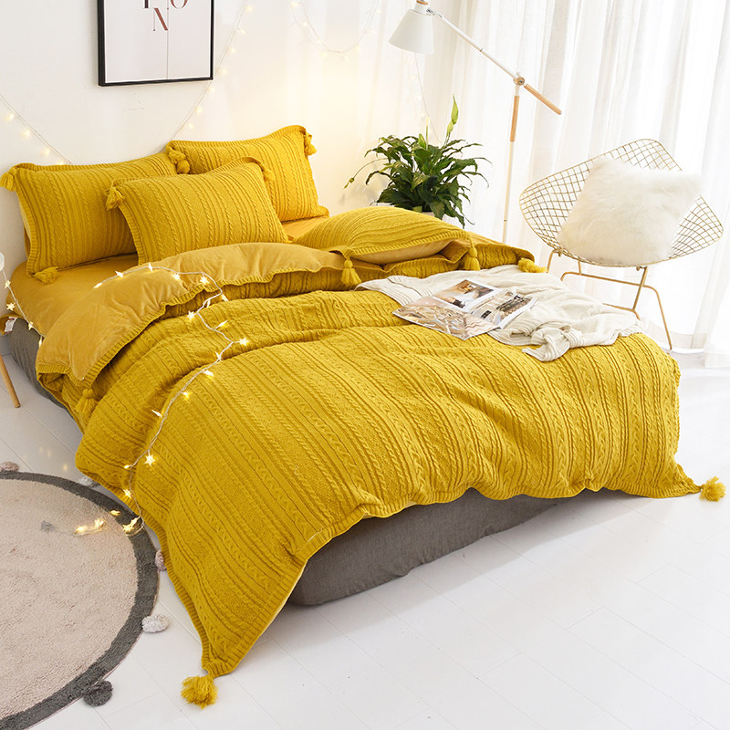 北欧简约针织毛线水晶绒四件套冬季加厚保暖法莱绒短毛绒被套床单