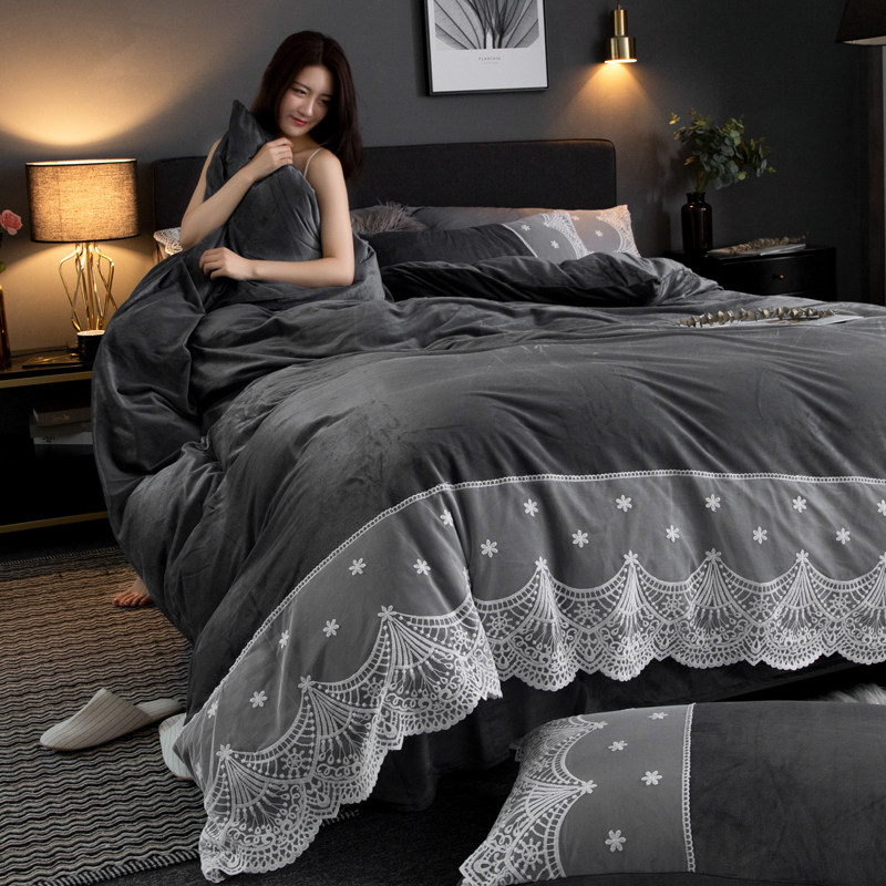 欧式蕾丝花边四件套公主风双面绒加厚被套保暖水晶绒床单床上用品
