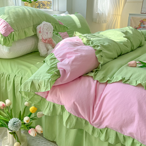 桃红柳绿/超柔拼撞纯色水洗棉四件套床裙床罩花边被套床上用品春
