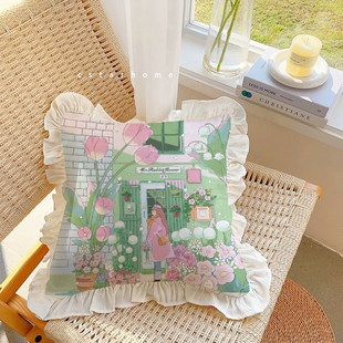 街角氛围感抱枕原创水洗棉荷叶花边靠垫枕含芯腰枕套沙发汽车森系