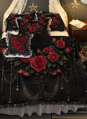 暗夜玫瑰|复古黑红哥特风洛可可水洗棉床上床裙四件套Lolita原创