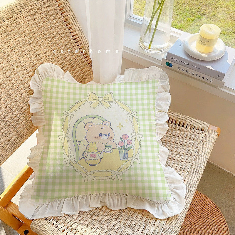 卡通小熊抱枕套水洗棉法式荷叶边治愈办公室靠垫腰枕含芯年轻人