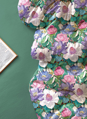 国风荷韵荷花绿色水洗棉床上用品三四件套被套床笠床单亲肤棉超柔