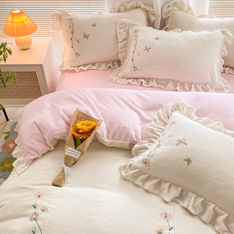 公主女孩少女精致花朵刺绣厚床冬季加加绒牛奶sqd水晶绒床件单笠