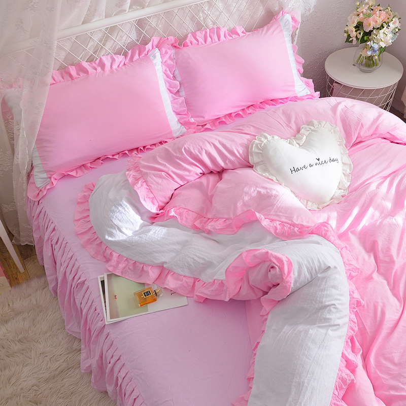 初恋感白粉色/韩式水洗棉少女心公主风床裙四件套单双人被套床上