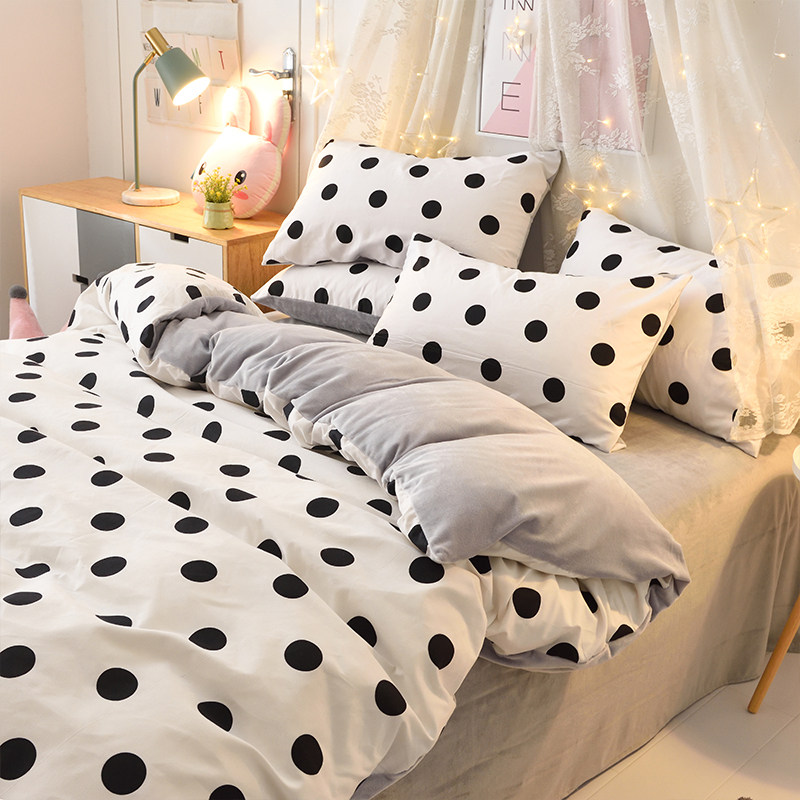 ins少女心波点加厚牛奶绒四件套磨毛法兰绒被套公主风床单款床品