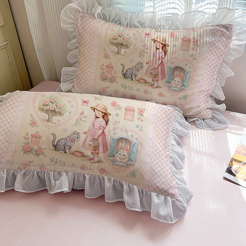 猫咪女孩洛丽塔复古冰丝枕套一对装枕芯套水洗真丝花边凉感宿舍