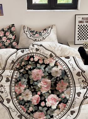 粉玫瑰庄园复古风牛奶绒四件套秋冬加厚保暖双面绒被套法莱绒床笠