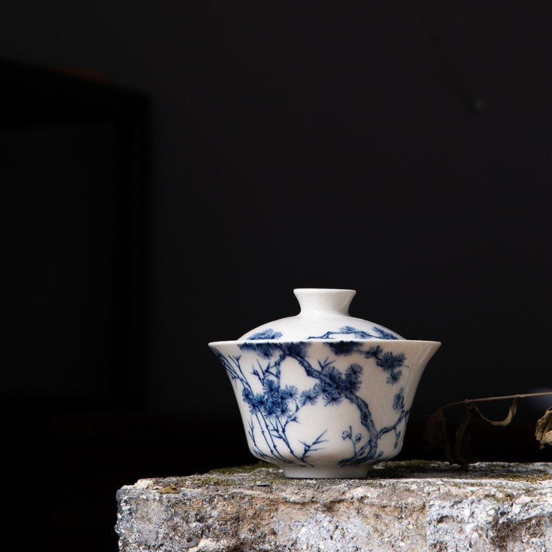 独清 手绘松竹盖碗 景德镇陶瓷青花茶杯中式复古泡茶盖碗功夫茶具