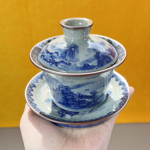景德镇陶瓷三才盖碗千里江山图茶具青花山水釉下彩老陶泥开片杯子
