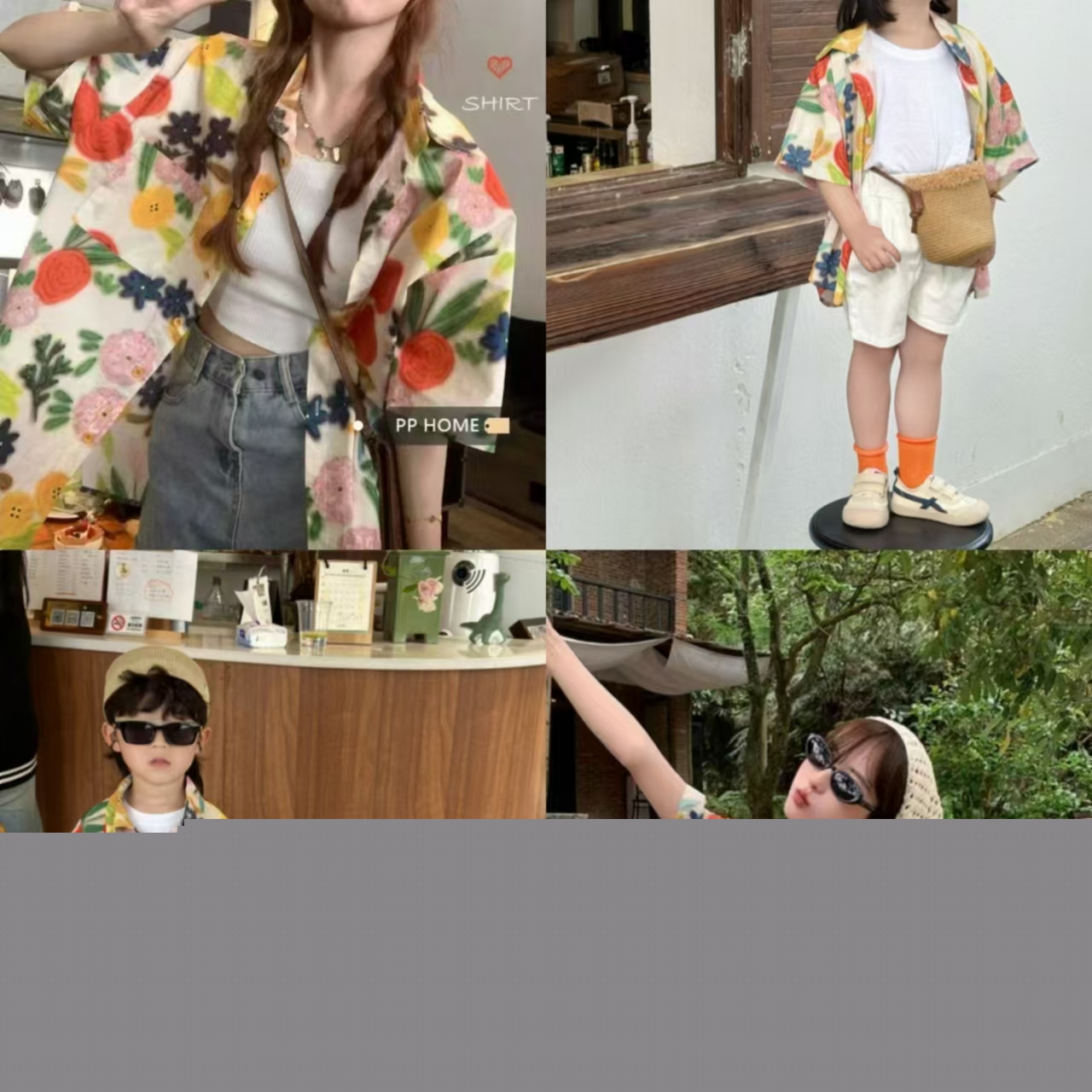 夏季亲子装短袖花衬衫一家三口海边出游沙滩炸街母子母女雪纺衬衣