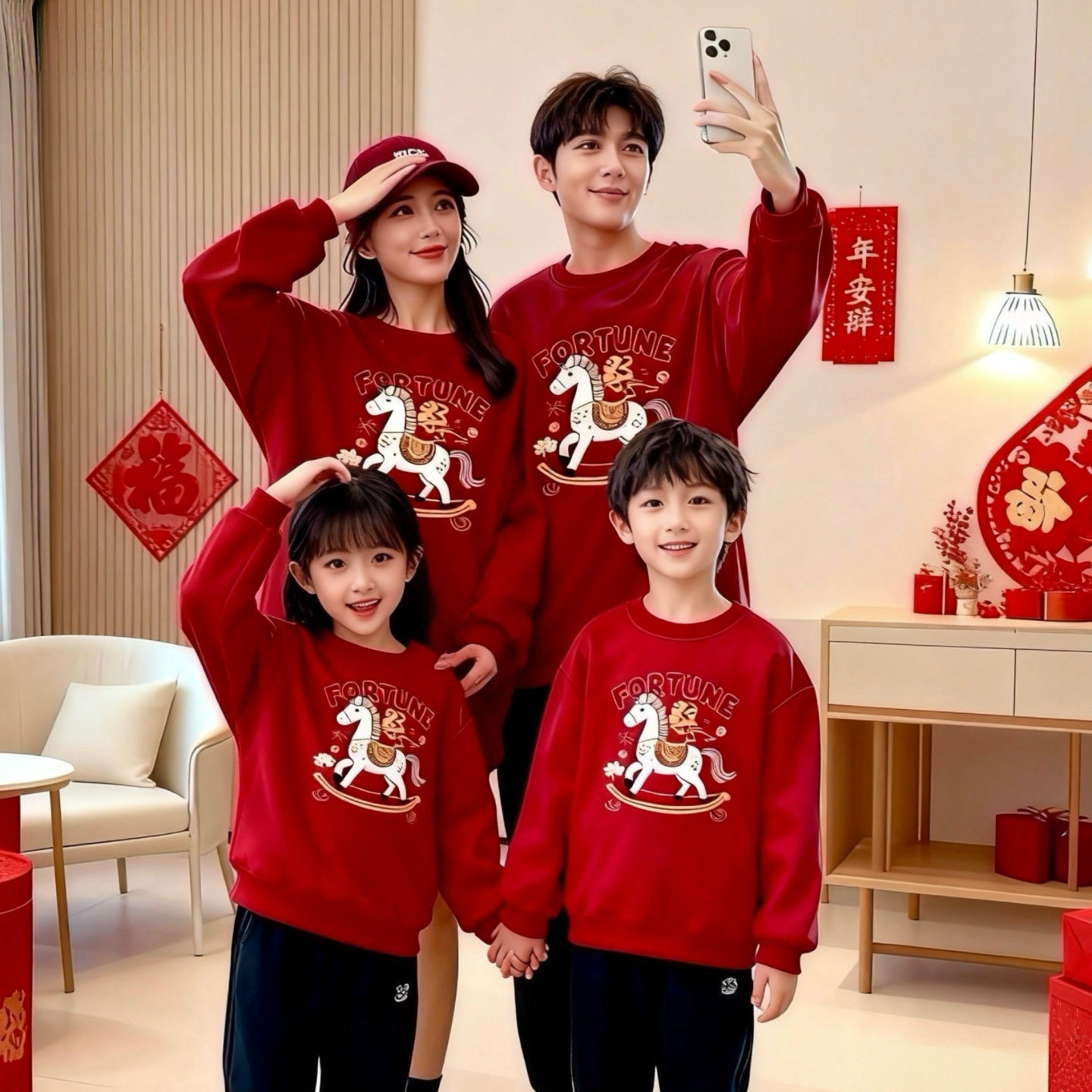 马年全家福亲子装一家三四口冬装卫衣婴儿加绒过年红色母女拜年服