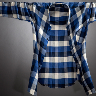 朗蒙秋季韩版休闲纯棉磨毛格子衬衣服修身型男装男士长袖衬衫大码