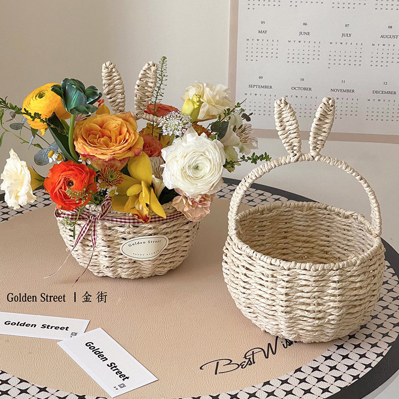 母亲节可爱兔子花篮兔耳朵手提鲜花花束插花篮花艺水果篮子创意