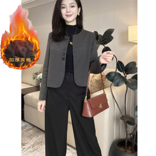 秋冬夹棉时尚圆领毛呢丝巾搭配时尚气质百搭短款外套女显瘦