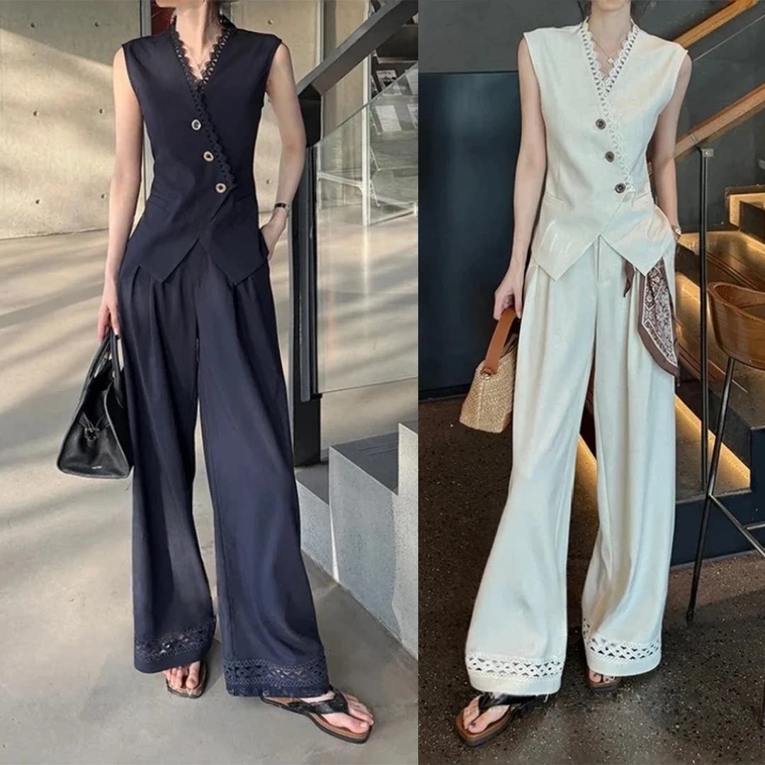 蕾丝包边马甲高腰阔腿裤两件套女