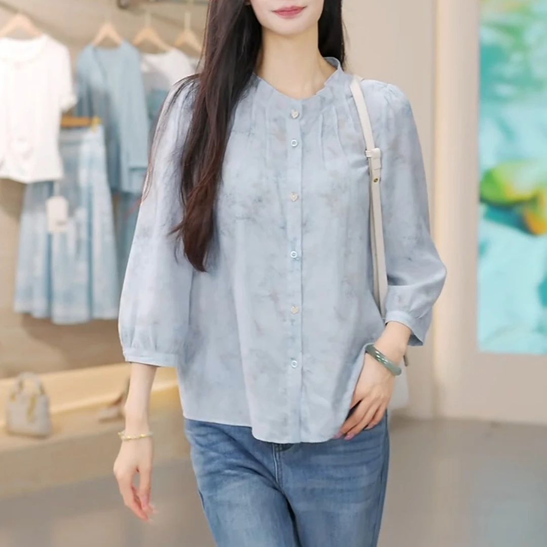 七分袖亚麻炒色印花衬衫上衣女