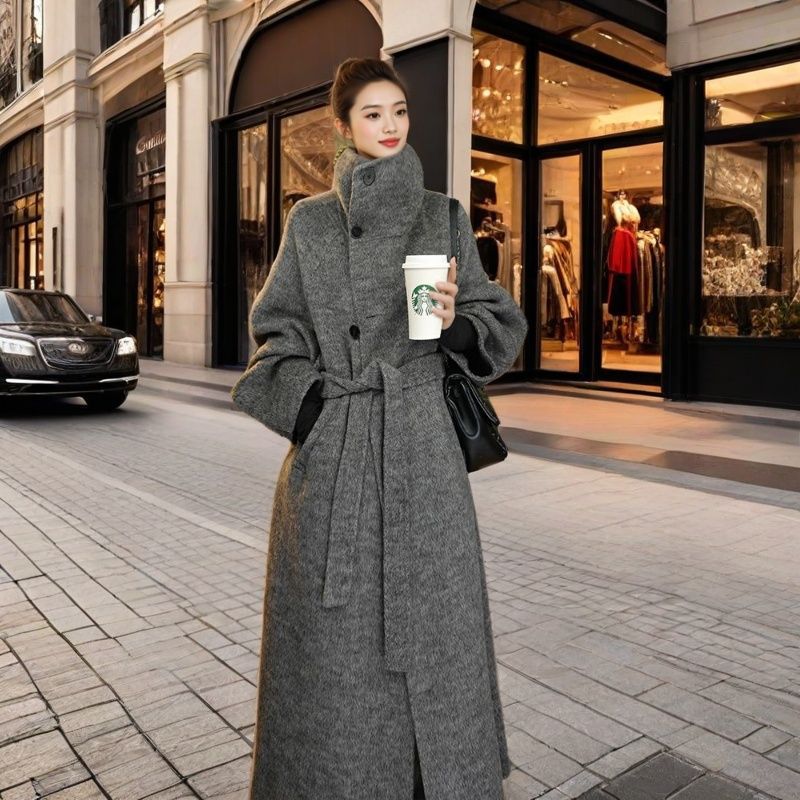 秋冬新款立领韩版大衣宽松长款韩系毛呢外套高个子灰色
