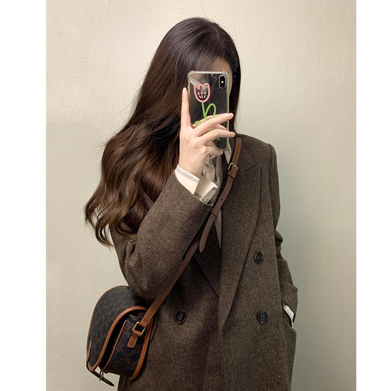 2025新款毛呢外套高级感小个子短款韩系西装人字纹呢子大衣女秋冬