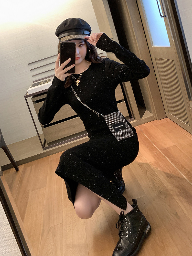 秋季2019新款闪亮黑色时尚连衣裙中长款过膝后开叉长袖打底裙子冬在类目 女装/女士精品, 连衣裙中 - 来自Buy2taobao.com提供专业的淘宝代购服务