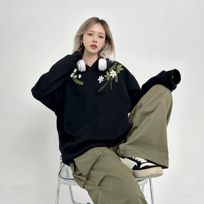 加绒刺绣花卉连帽秋冬季2025新款卫衣女款宽松套头带帽情侣装上衣