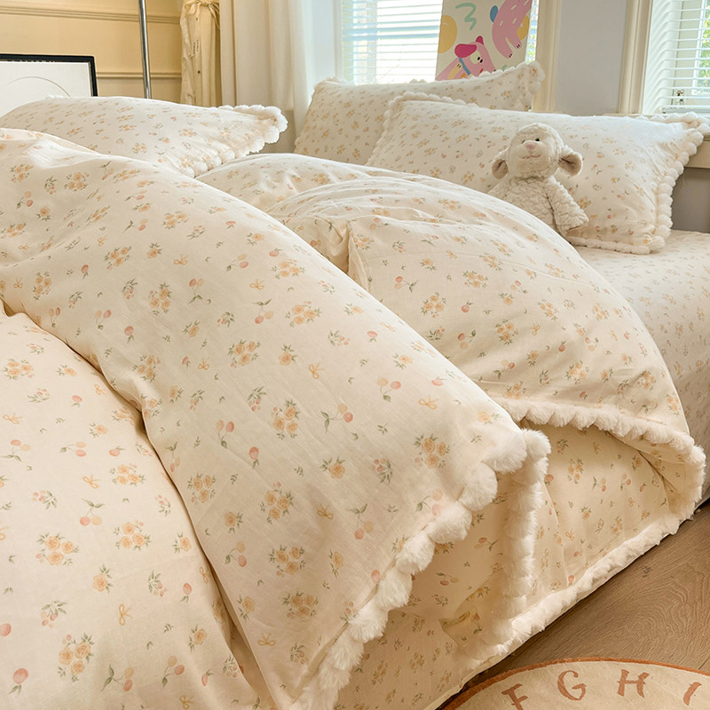 ins文艺田园A类全棉双层纱绒球花边四件套纯棉少女被套床上用品,床上用品,床品套件/四件套/多件套,淘宝优惠券,粉丝福利购,淘宝优惠卷