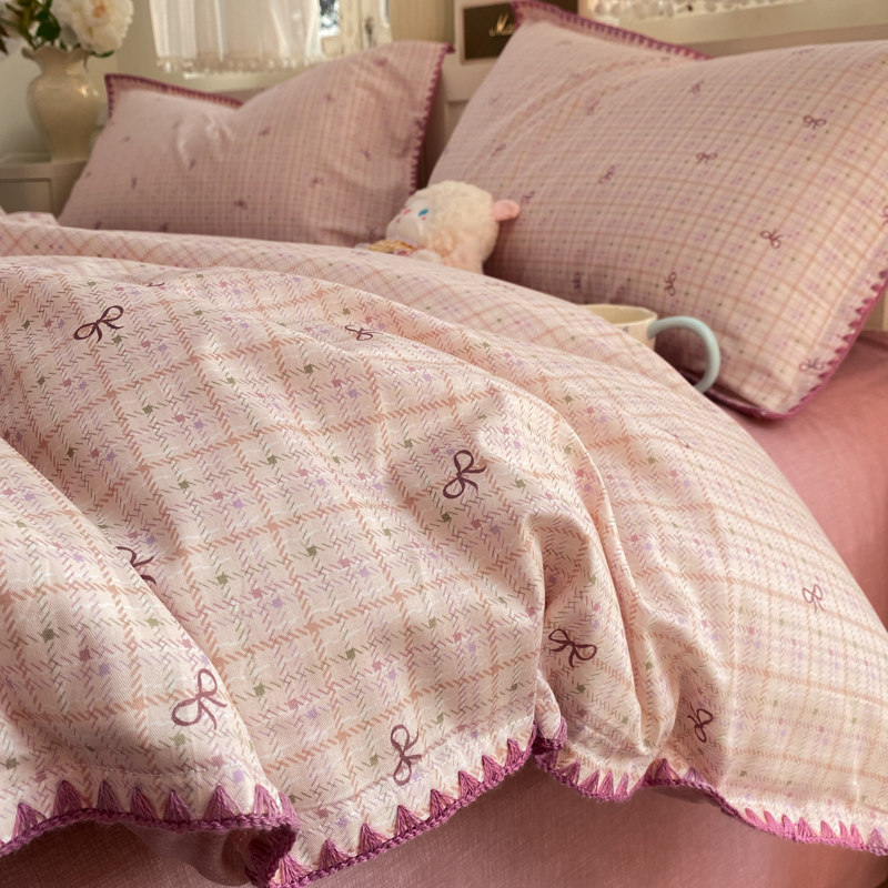 ins时尚简约格子蝴蝶结全棉贝壳边四件套纯棉被套床单床上用品,床上用品,床品套件/四件套/多件套,淘宝优惠券,粉丝福利购,淘宝优惠卷