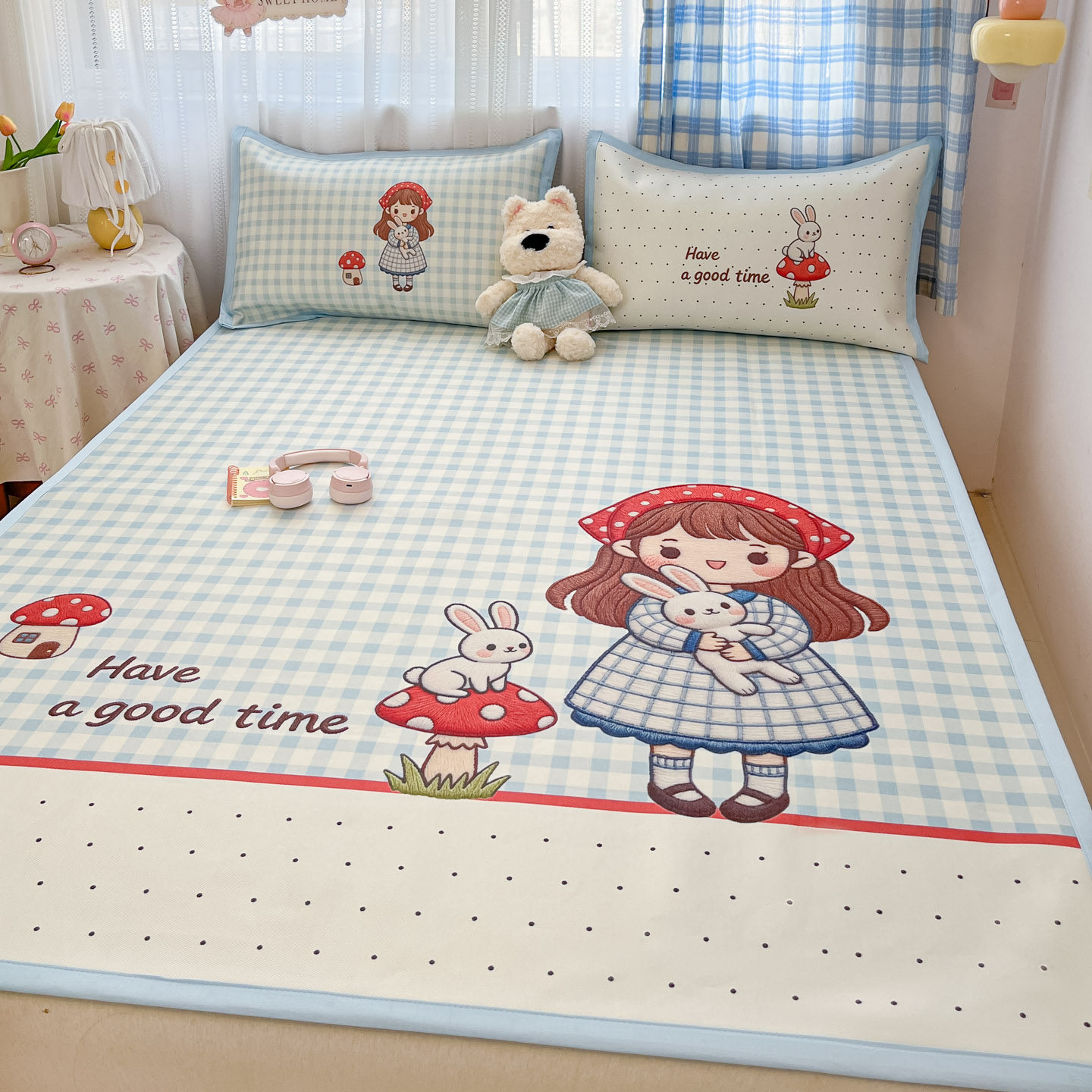 ins可爱大版卡通藤席冰丝席三件套双人空调席夏季夏凉席凉感席