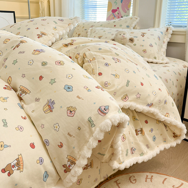 ins萌系卡通A类全棉双层纱绒球花边四件套纯棉儿童被套床上用品,床上用品,床品套件/四件套/多件套,淘宝优惠券,粉丝福利购,淘宝优惠卷