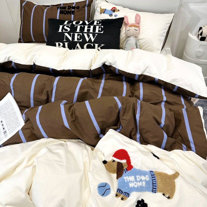 ins时尚简约可爱卡通全棉毛巾绣四件套纯棉1.8m被套床单床上用品