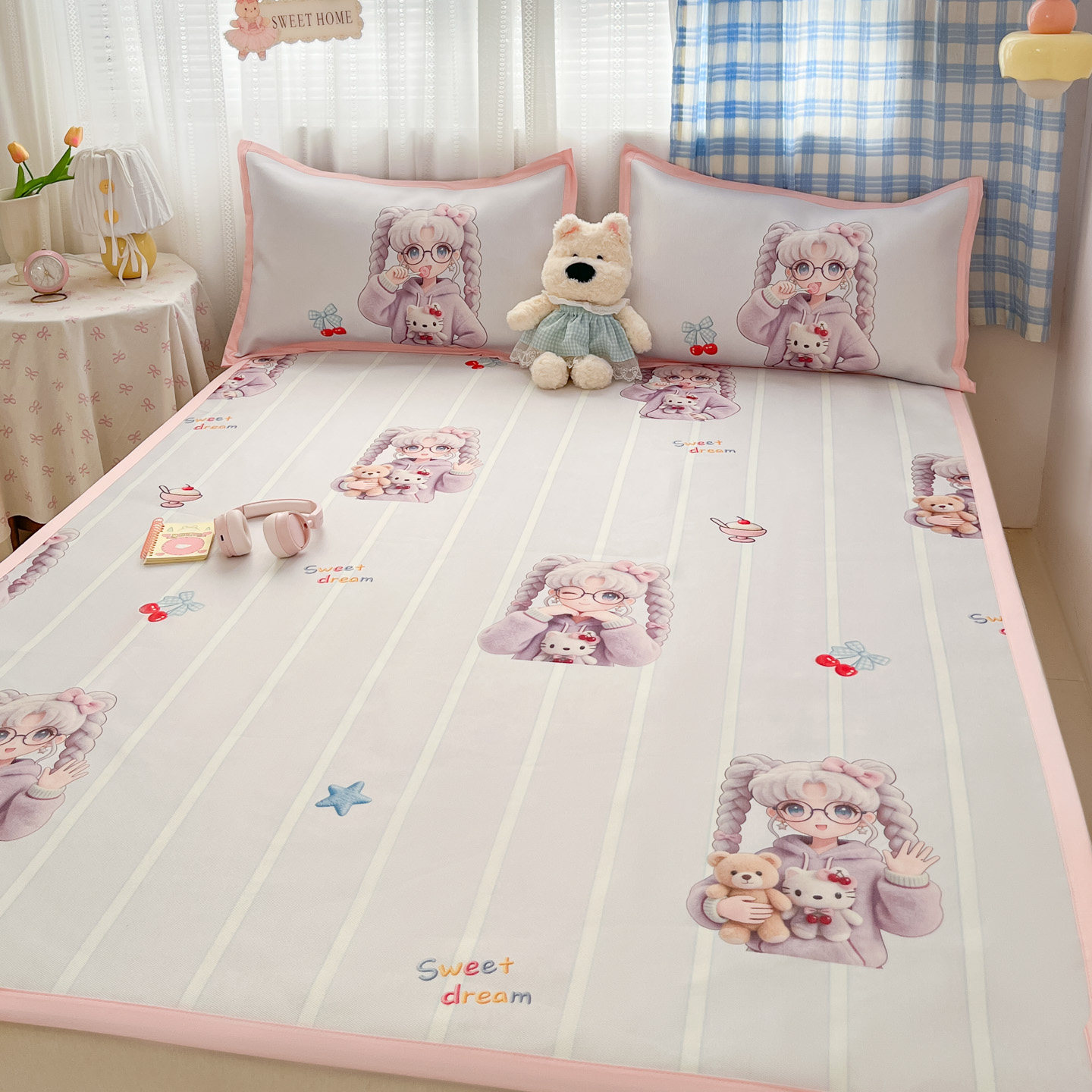 ins可爱大版卡通藤席冰丝席三件套双人空调席夏季夏凉席凉感席