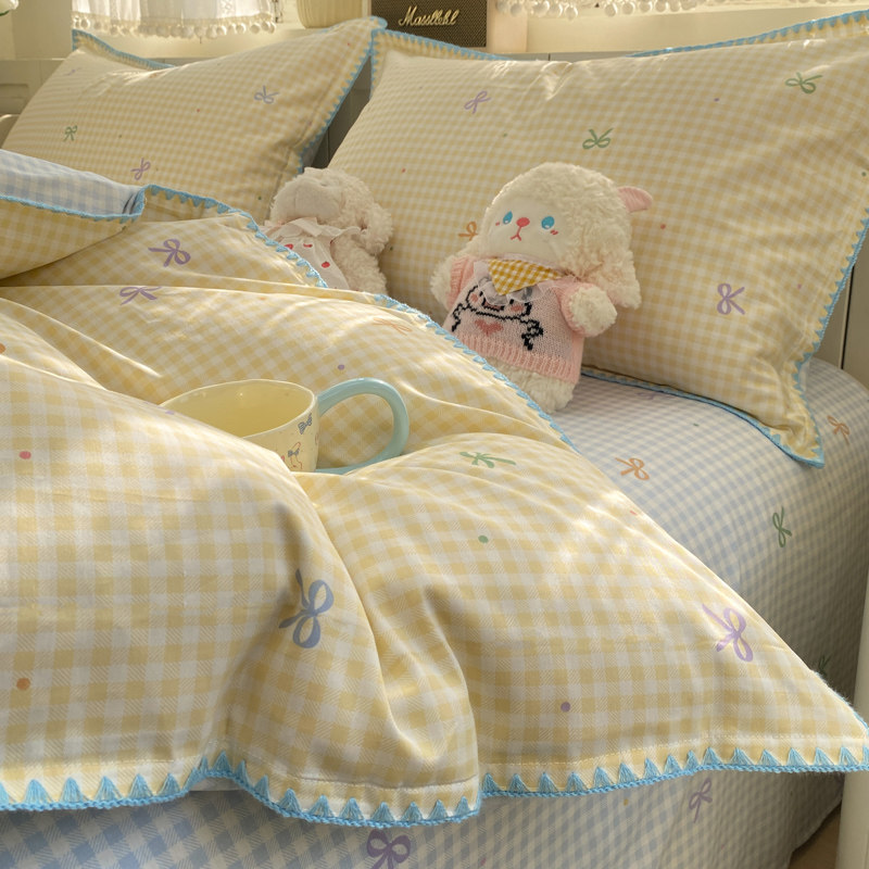 ins时尚简约格子蝴蝶结全棉贝壳边四件套纯棉被套床单床上用品,床上用品,床品套件/四件套/多件套,淘宝优惠券,粉丝福利购,淘宝优惠卷