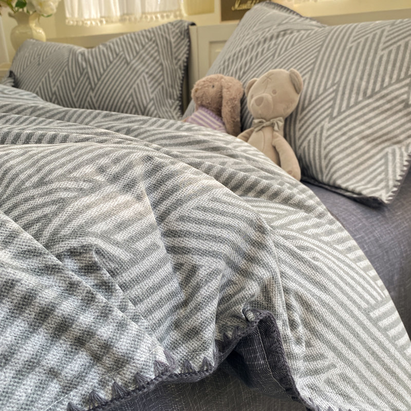 ins时尚简约几何灰色线韵全棉贝壳边四件套纯棉被套床单床上用品,床上用品,床品套件/四件套/多件套,淘宝优惠券,粉丝福利购,淘宝优惠卷