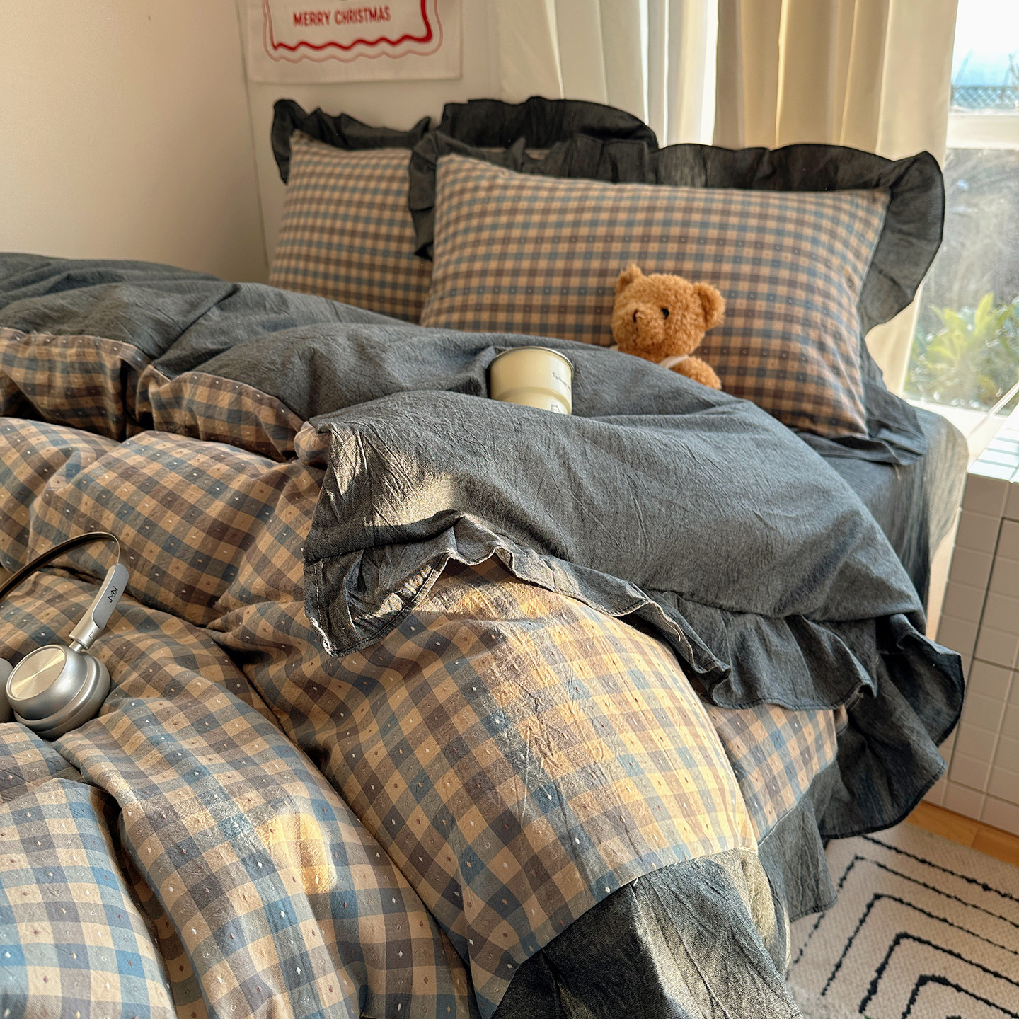 韩版花边款色织提花撞色奶油格子全棉四件套纯棉被套床单床上用品,床上用品,床品套件/四件套/多件套,淘宝优惠券,粉丝福利购,淘宝优惠卷