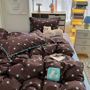 ins风全棉三角针贴标款全棉四件套纯棉简约星星小兔被套床上用品
