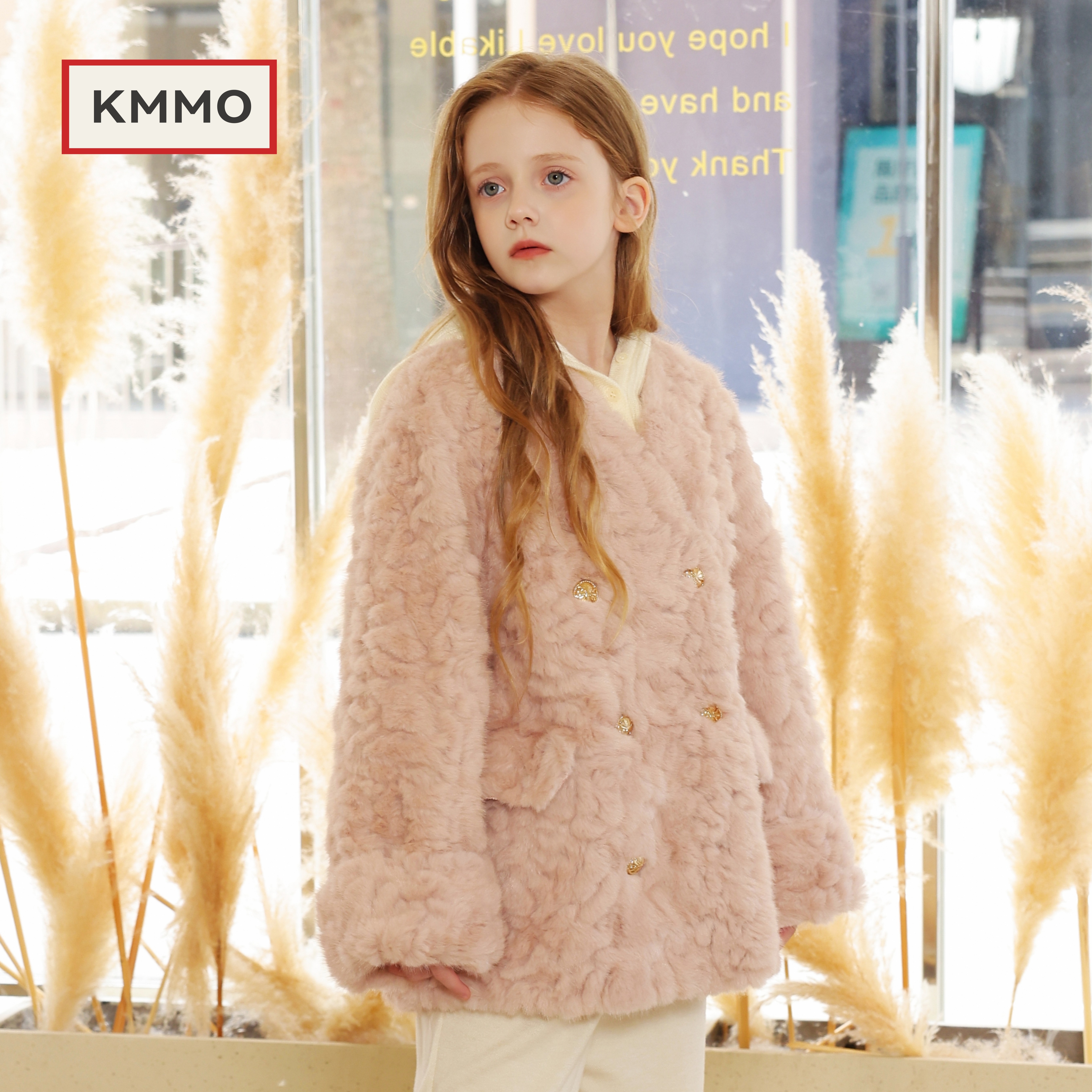 KMMO女童湖羊皮毛一体短款外套