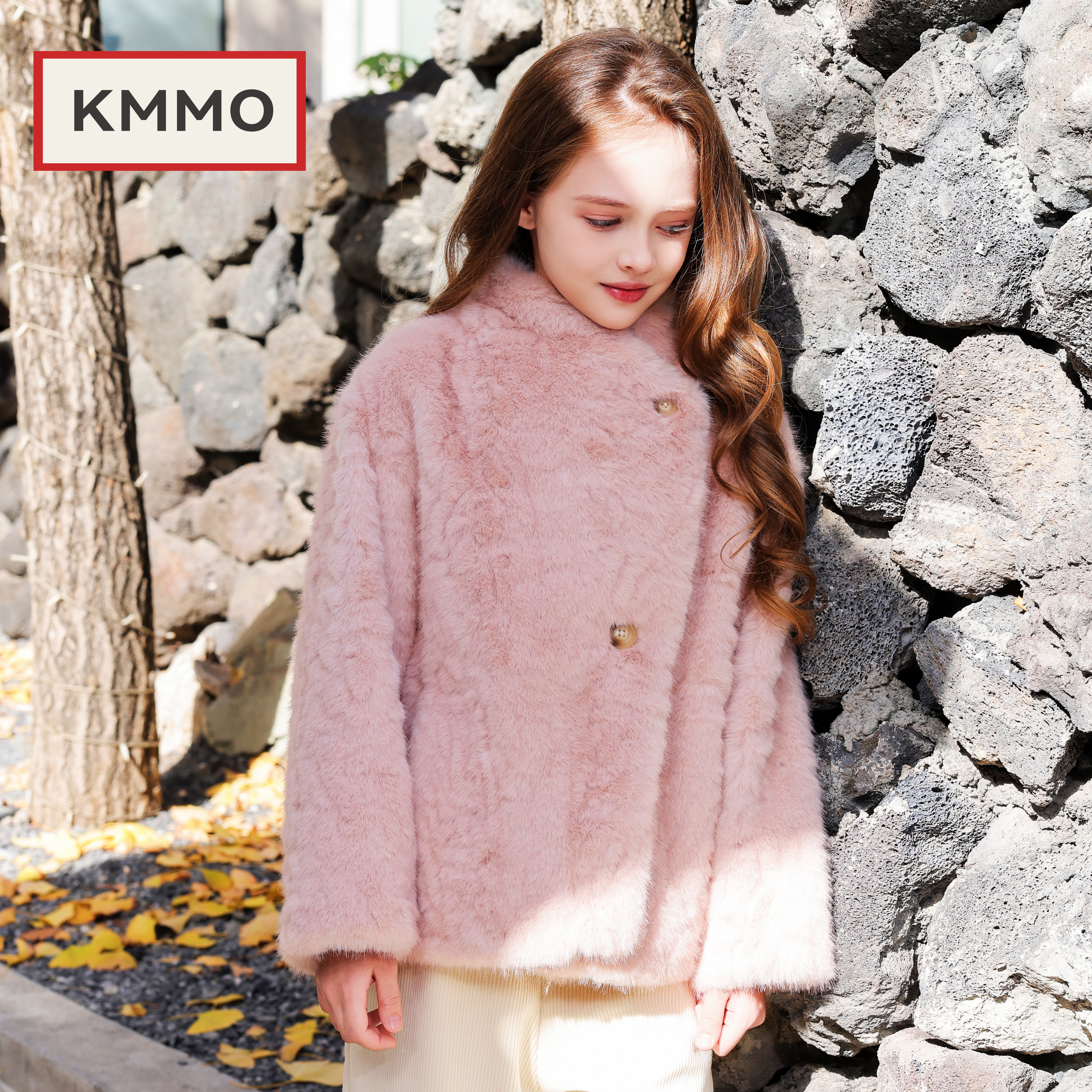 KMMO女童皮草外套2025新款儿童环保小湖羊皮毛一体短款毛毛上衣